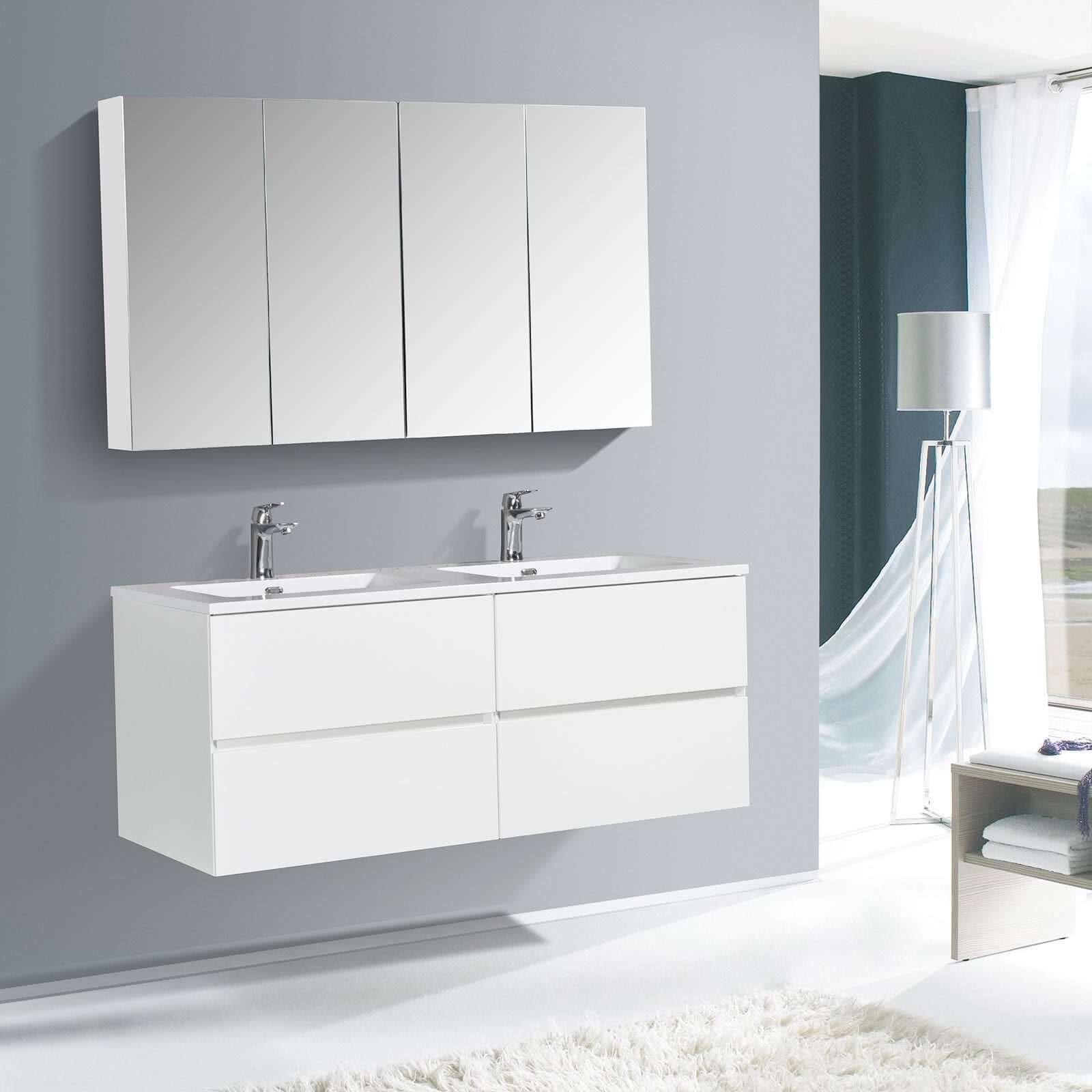 Mobile bagno Loira 1300 – disponibile in diversi colori – armadietto a specchio e colonna sospesa opzionale