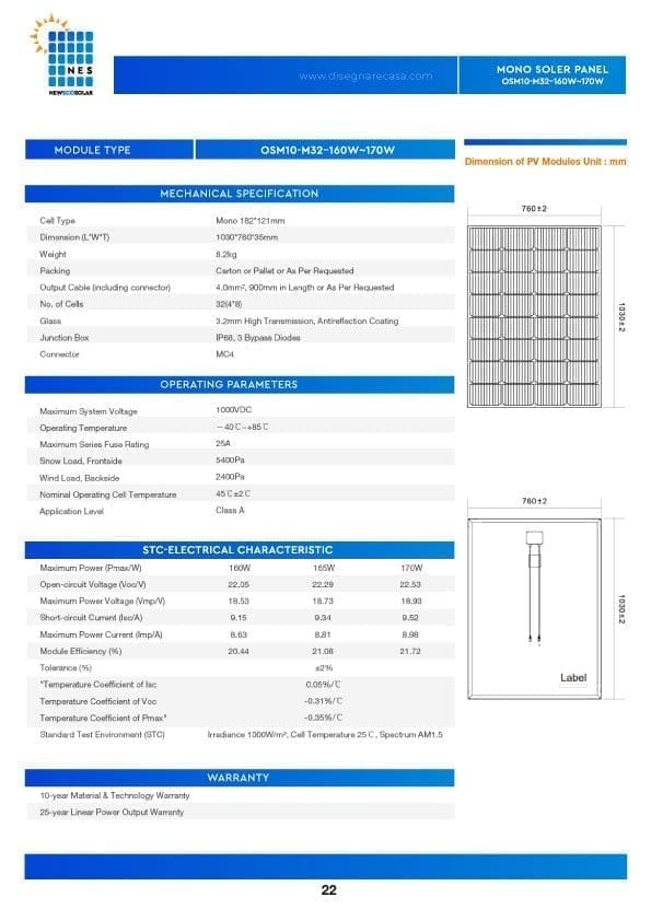 MONO SOLER PANEL-OSM10-M32–160W~170W