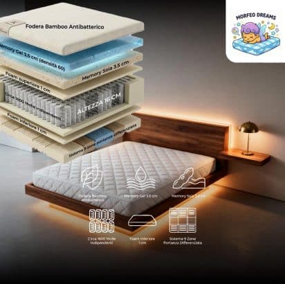 Morfeo bamboo 1600 Molle 7,5 cm memory, 9 zone portanza , boxato, sfoderabile, 25 cm, durezza Livello 5.