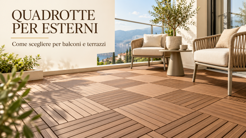 Terrazzo arredato con quadrotte WPC effetto legno posate a scacchiera