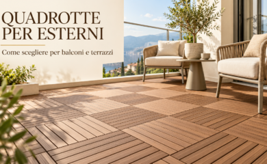 Terrazzo arredato con quadrotte WPC effetto legno posate a scacchiera